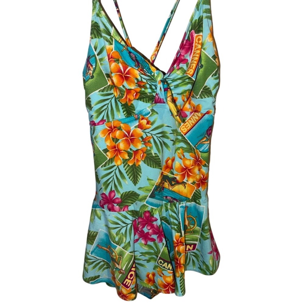 Kathy Ireland Womens Tropical Cannes Postcard Print Swim Dress Blue Style 4152